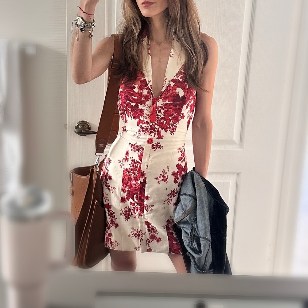 LPA Red Halter Floral Mini Backless Waist Strap Tie Dress